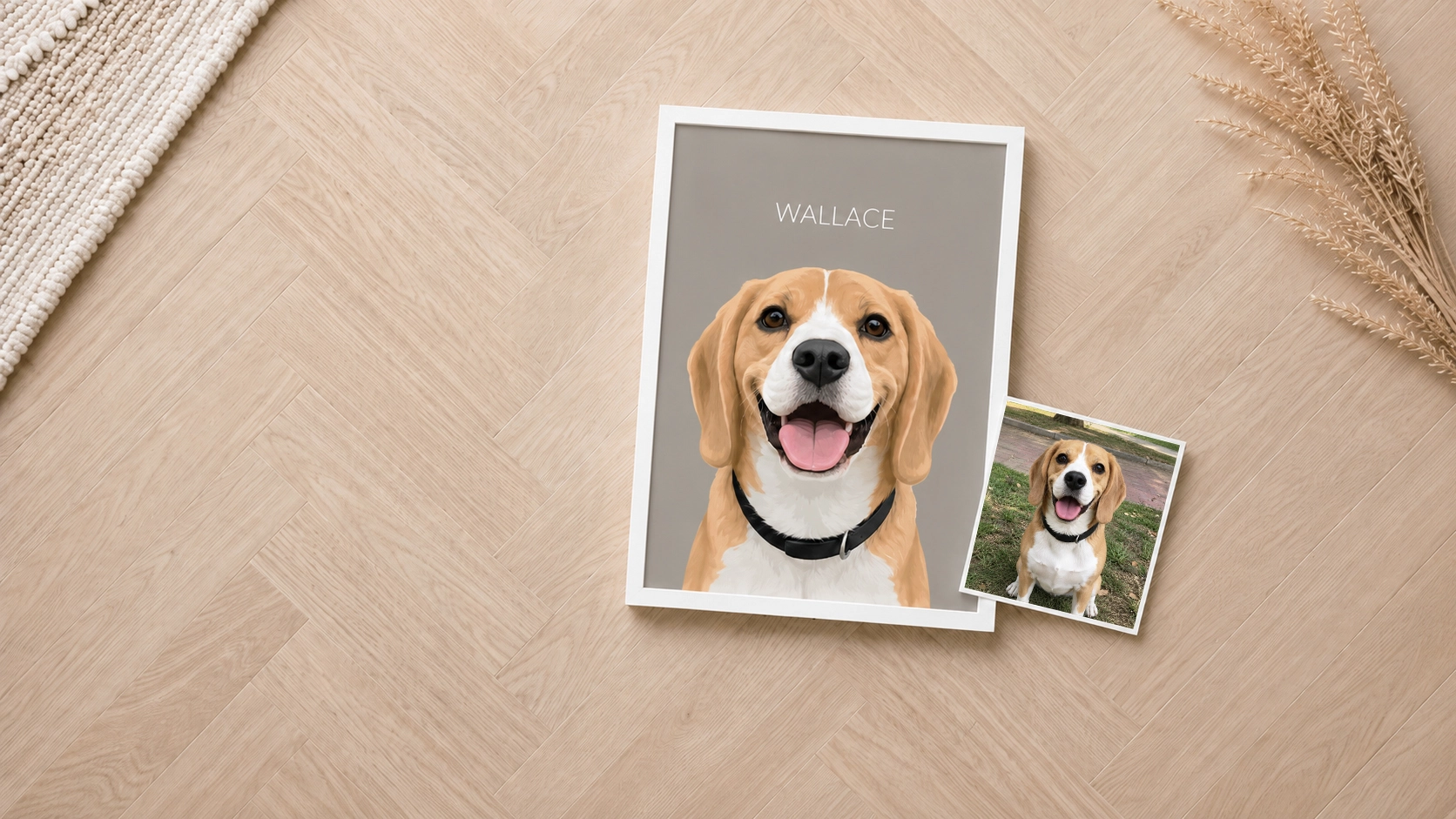 Custom framed pet portrait displayed next to the original pet photo