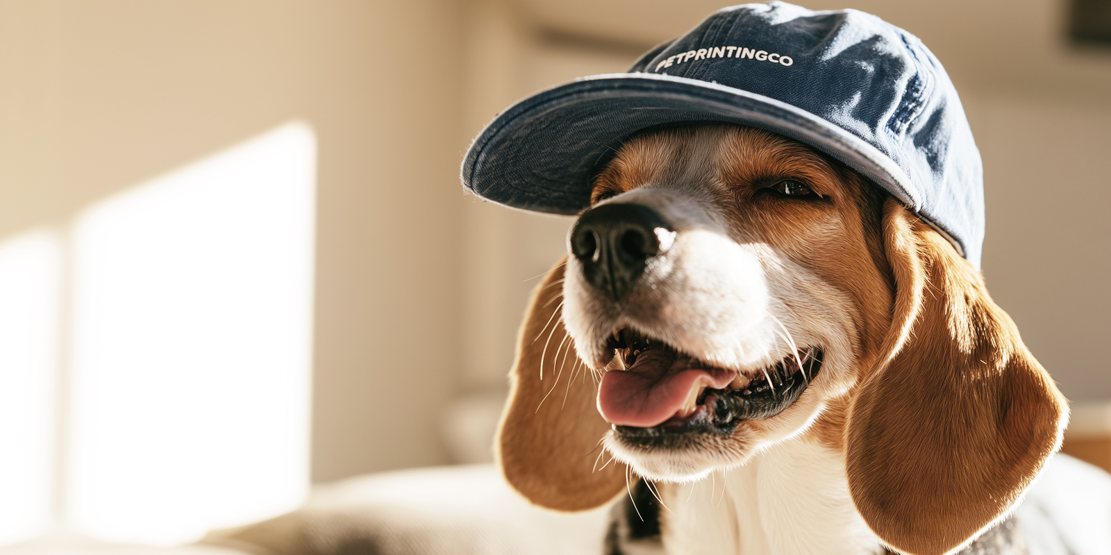 Happy beagle wearing a Petprintingco cap