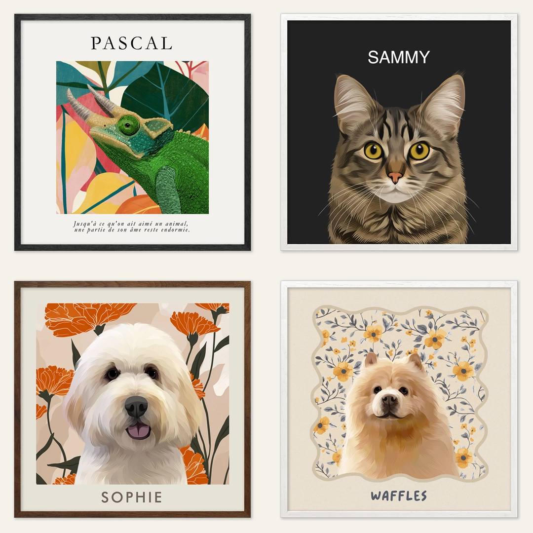 Four framed custom pet portraits featuring dogs and a cat