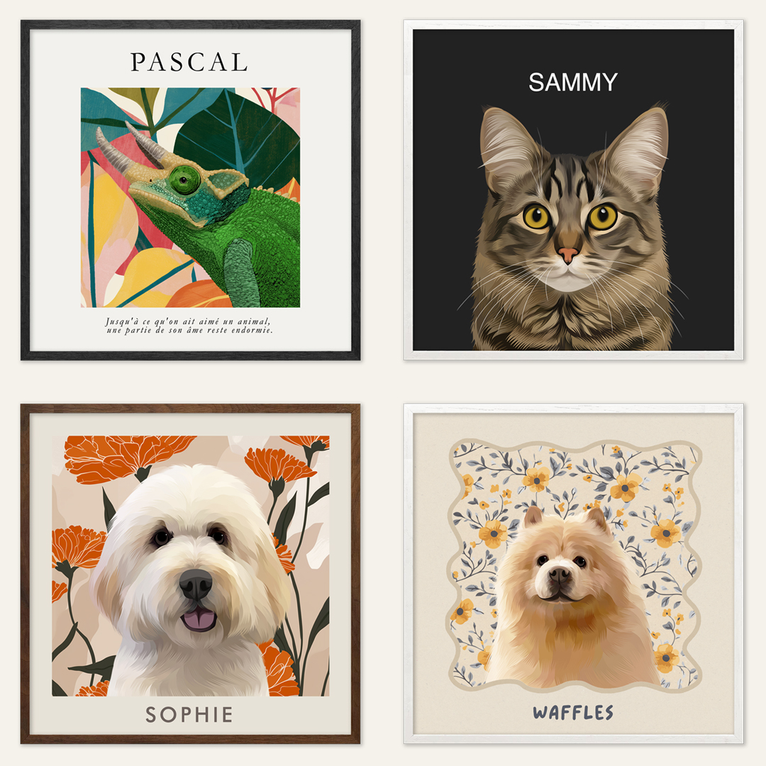 Four framed custom pet portraits featuring dogs and a cat