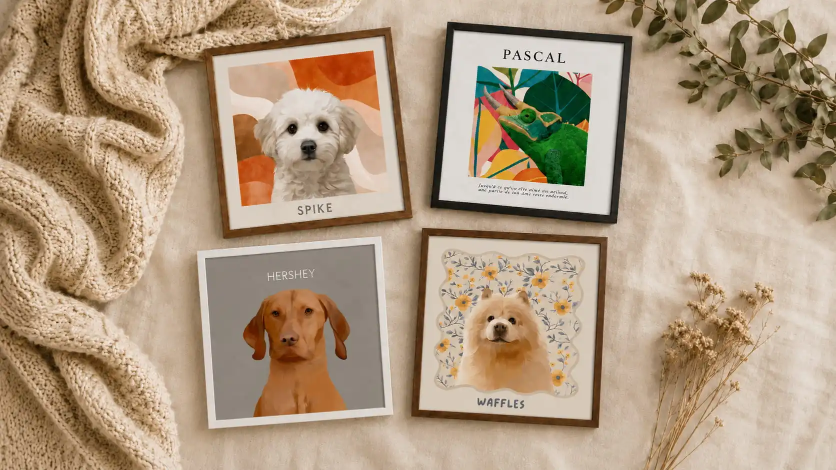 Custom framed pet portraits displayed on a warm neutral background